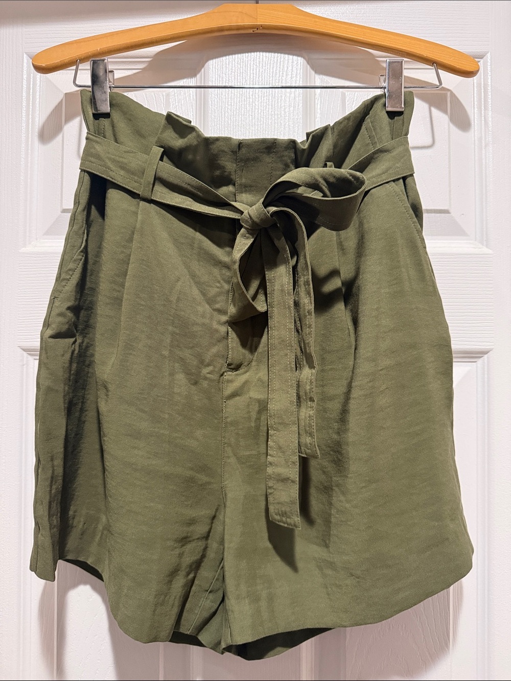 a new day Olive Green High-Waist Paperbag Shorts with Tie Belt